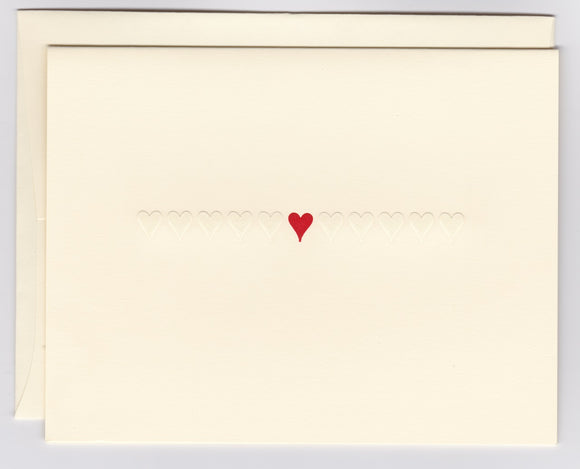 ROW OF EMBOSSED HEARTS/RED HEART FOLDOVER NOTE - 5 1/2 x 4 1/4