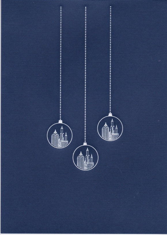 HE 682 Holiday Card - Three Hanging Ornaments/City Scenes